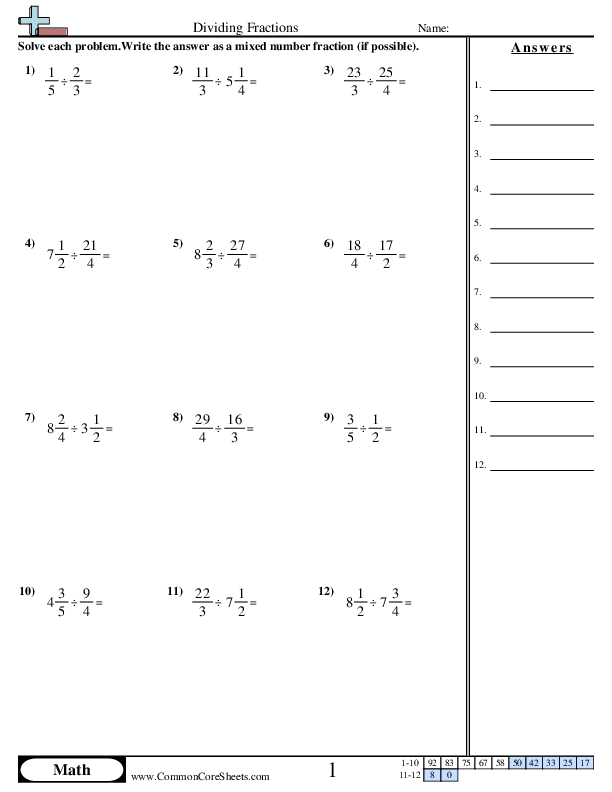 6.ns.1 Worksheets - Dividing Fractions worksheet